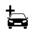 Coffin car icon. Hearse automobile symbol. Burial black transport service.